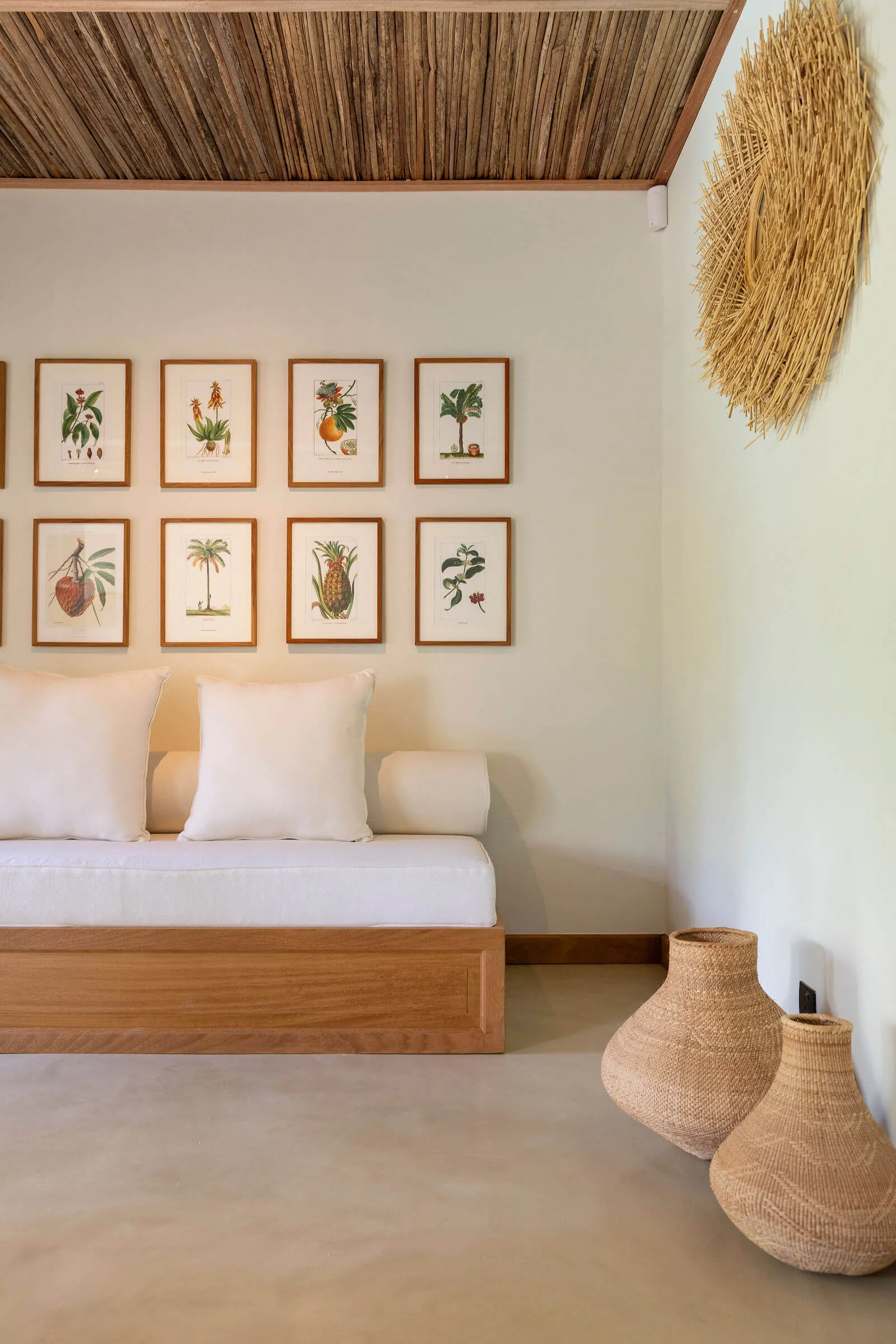 A daybed with white cushions beneath framed botanical prints