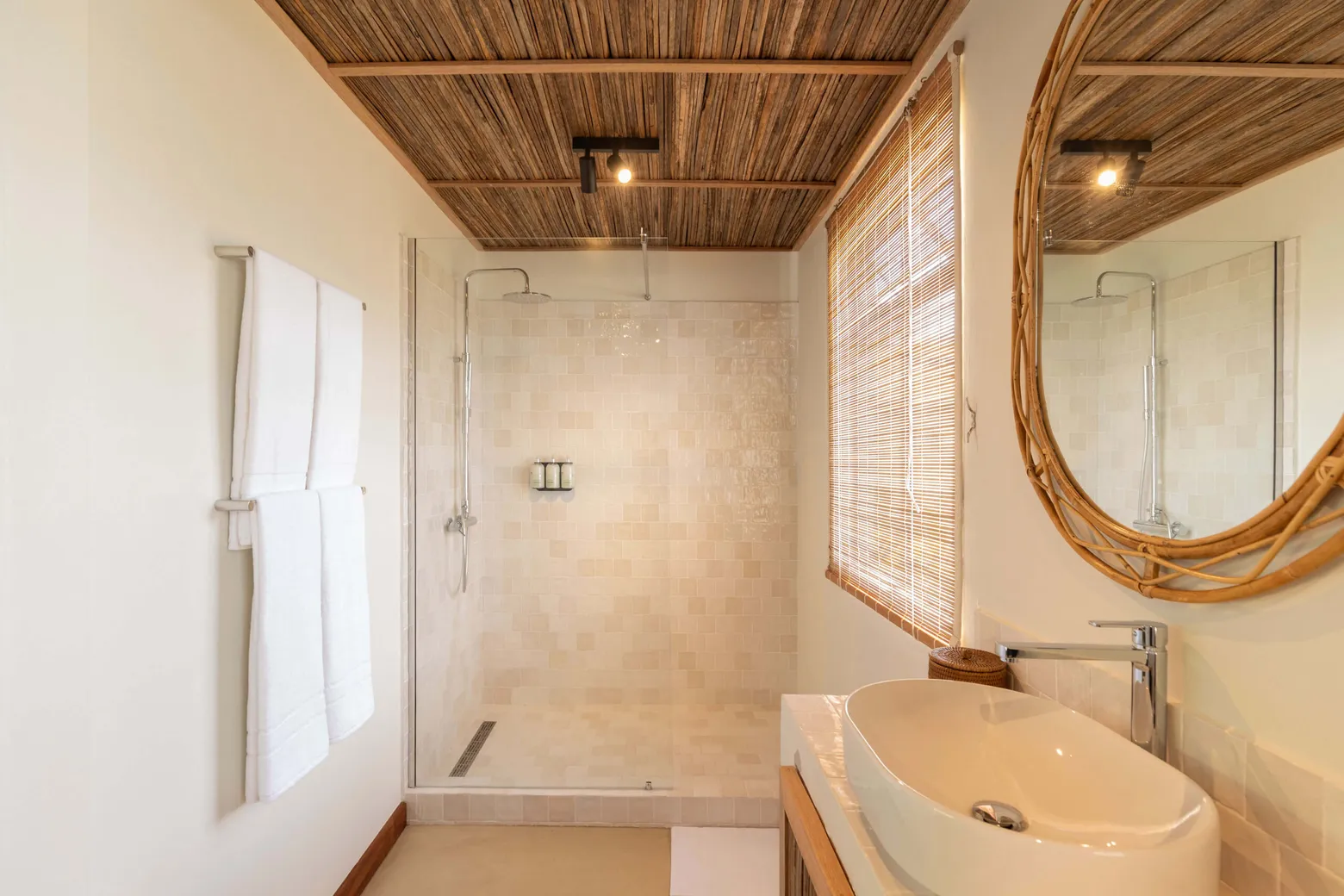 In the Deluxe Double Suite, a spacious bathroom with a walk-in shower
