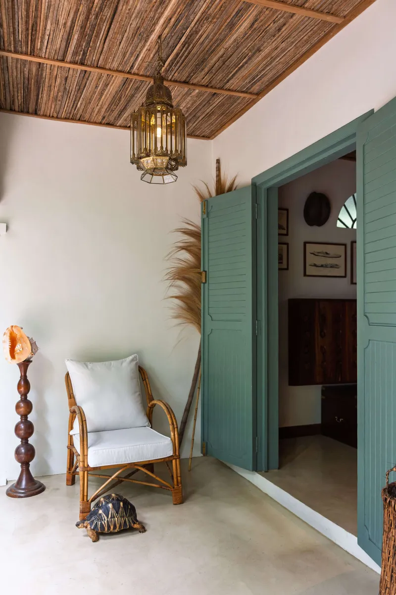 A rattan armchair by green shuttered doors, with a tortoise at its feet